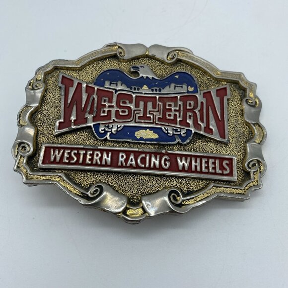 Unbranded Other - Western Racing Wheels Belt Buckle Vintage 1970's Brass 3.5x2.75